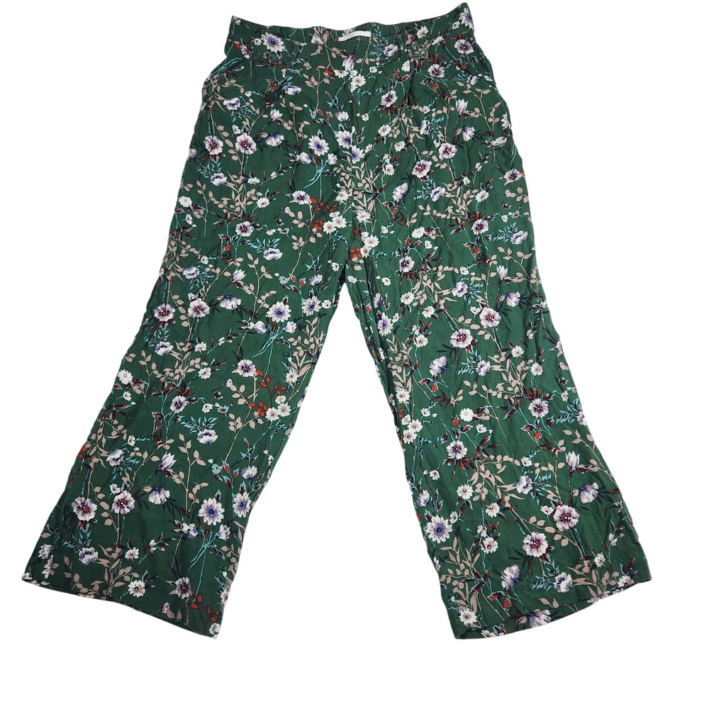 Jules & Leopold Floral Wide Leg Pants Womens Medium Green Rayon Cropped Boho